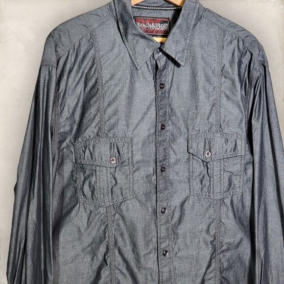Rock & Roll Cowboy Mens Button Down Shirt Medium Gray Western Long Sleeve Pocket - Picture 2 of 9